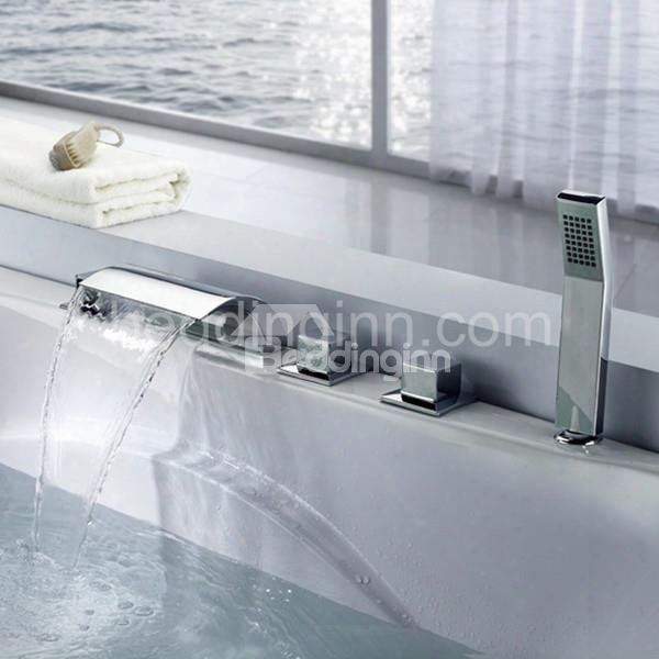 Contemporary Arc-shaped Square Handles Widespread Waterfall Bathtub Faucet