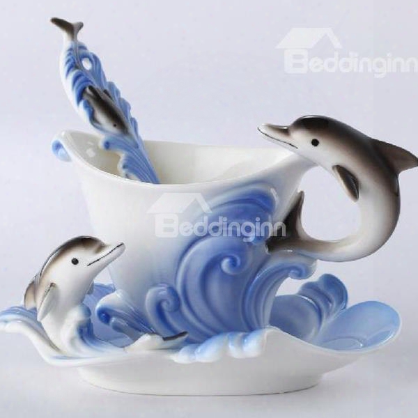 Creative Ceramic Dolphin Pattern Enamel Porcelain Coffee Cup Ste