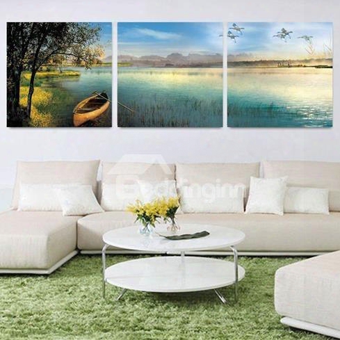 Elegant Boat And Tree By The Lake Print 3-piece Cross Film Wall Art Prints