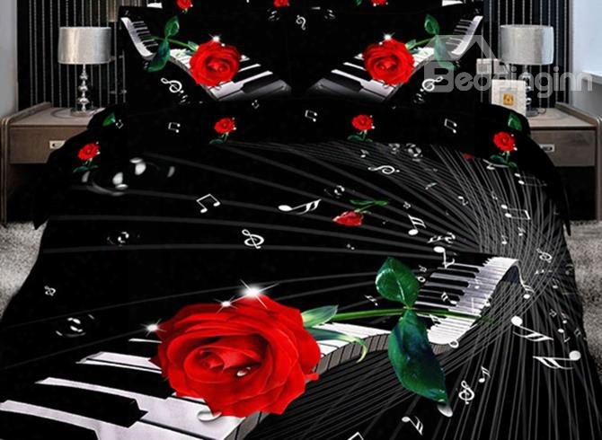 Elegant Piano With Red Rose 3d Print 4-piece Cotton Duvet Cover Sets