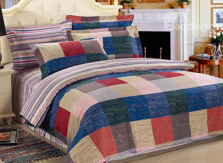 England Style With Plaid And Stripe 4p Iece Bedding Sets