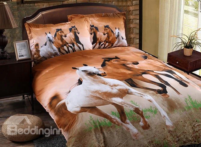 European Style Galloping Horse Reactive Print 4 Piece Polyester Bedding Set