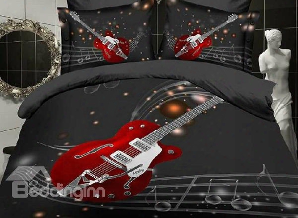 Fashion Guitar With Stave Print 4-piece Polyester Duvet Cover Sets