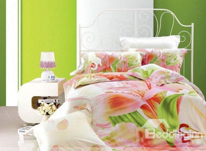 Fresh Flowers And Green Leaves Of Printed 4 Piece Cotton Bedding Sets