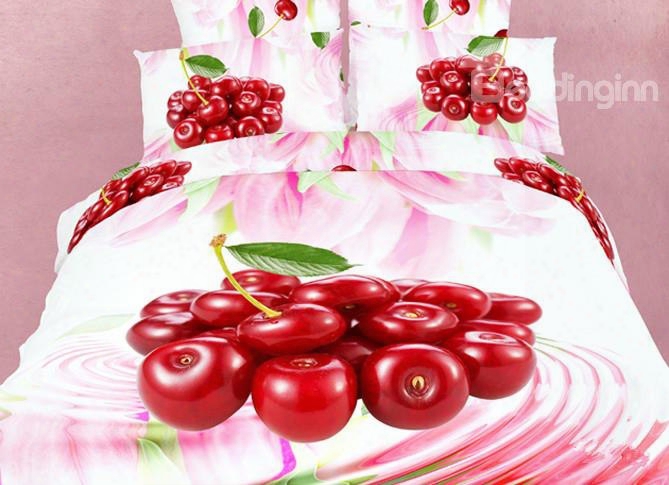 Fresh Fruit Red Cherry And Pink Flower Print 4 Piece Duvet Cover Bedding Sets