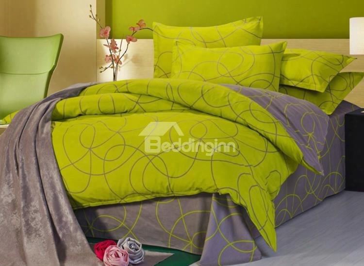 Full Size Coffee Swirls Abstract Pattwrn Green Cotton 4-piece Bedding Sets/duvet Cover