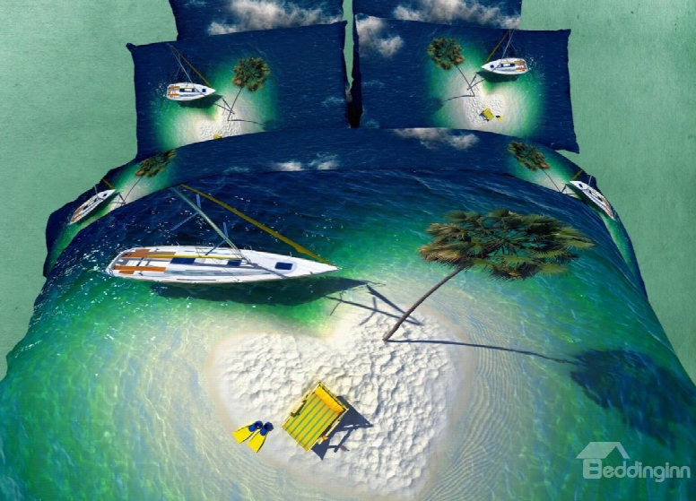 Heart Shaped Isle And Boat In The Grren Sea Print 3d Bedding Sets