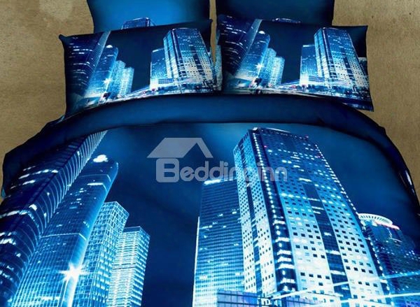 High Buildings And Large Mansions Modern City 3d Print Blue 4 Piece Bedding Sets