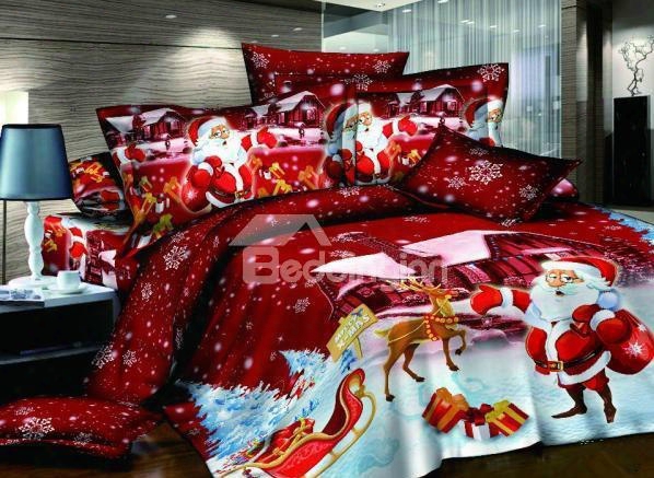 High Quality Christmas Gift 100% Cotton Happy Red Christmas 4 Piece Duvet Cover Sets