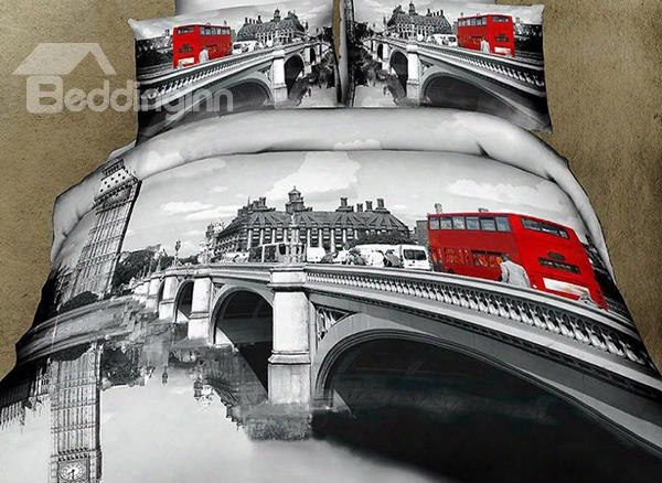 High Quality Gray Color Bridge Scenery Red Bus Print 4 Piece Bedding Sets