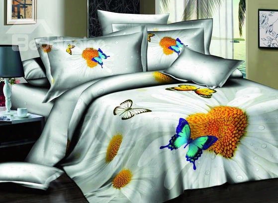 Hot Sell Romantic Love Of Butterfly And Heart Of Flowers 4 Pieces Bedding Sets