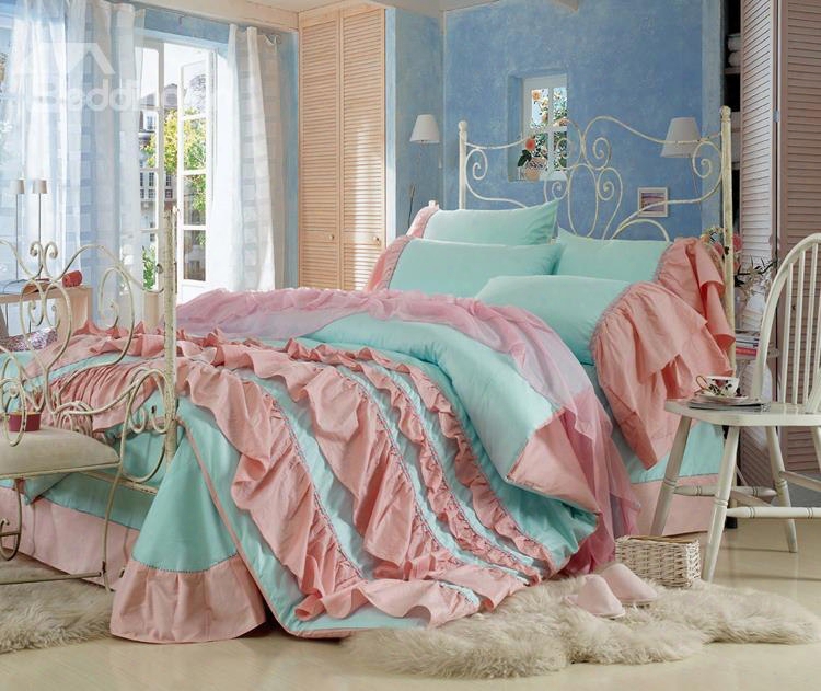 Lovely Blue Color Pink Chiffon Floral Borders Cinderella 4-piece Duvet Cover Sets