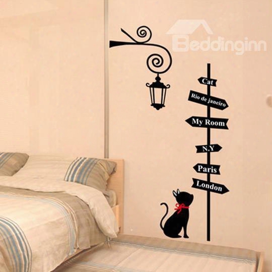 Lovely Fashion Cat And Direction Board Print Wall Stickers
