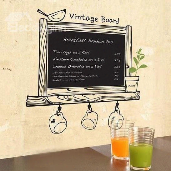 Lovely Vintage Black Board And Cup Print Wall Stickers