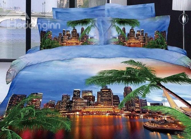 Modern City And Palm Tree Reactive Printing Blue Color 4 Piece Bedding Sets/duvet Cover