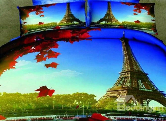 New Arrival 100% Cotton Beautiful Eiffel Tower Print 4 Piece Bedding Sets