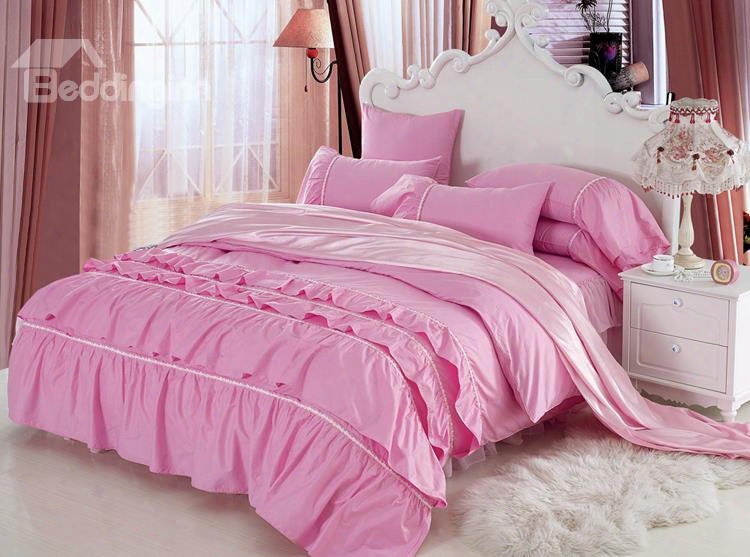 New Arrival Beautiful All Pink Floral Borders C Hiffon 4 Piece Bedding Sets