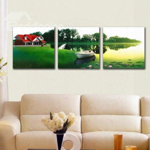 New Arrival Beautiful Cabin And Boat By The Lake Print 3-piece Cross Film  Wall Art Prints