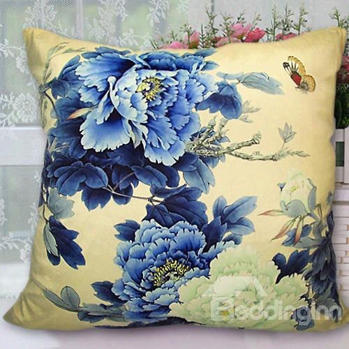 New Arrival Beautiful Classical Blue Peony Flowers Print Throw Pillowcase