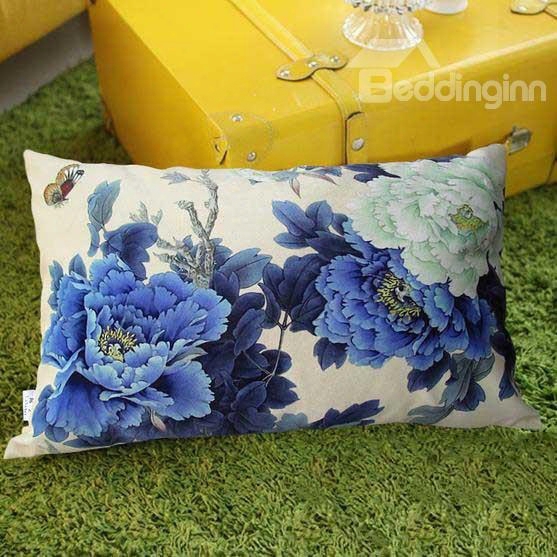 New Arrival Beautiful Classy Blue Peony Flowers Print Rectangular Throw Pillowcase