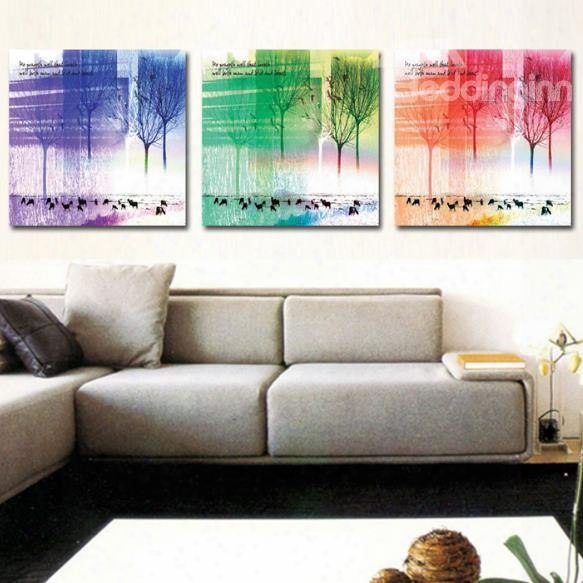 New Arrjval Beautiful Colorful Trees And Letters Print 3--piece Cross Film Wall Art Prints