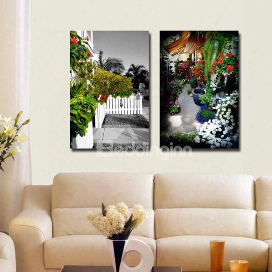 New Arrival Beautiful Flowers Blossoms In Front Of House Print 2-piece Cross Film Wall Art Prints