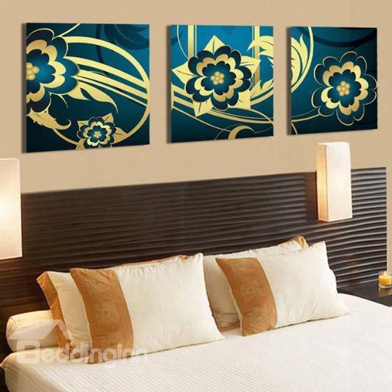 New Arrival Beautiful Golden Floral Patterns Blue Print 3-piece Cross  Film Wall Art Prints