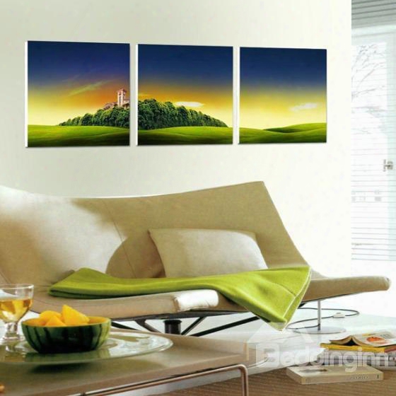 New Arrival Beautiful Green Mountain And Plain Scenery Print 3-piece Cross Film Wall Art Prints