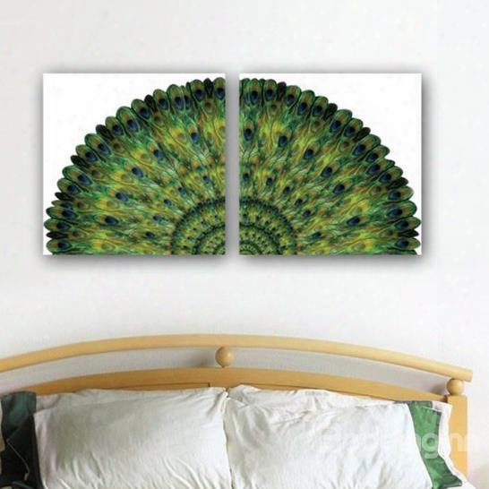 New Arrrival Beautiful Green Peacock Tail Print 2-piece Cross Film Wall Art Prints