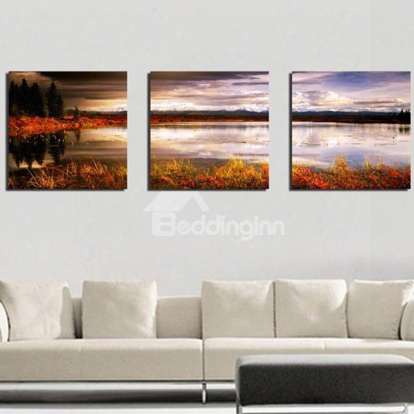 New Arrival Beautiful Lake And Sky Scenery At Dusk Print 3-piece Cross Film Wall Art Prints