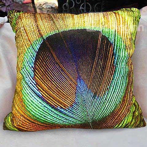 Recent Arrival Beautiful Peacock Feather Print Yellow Throw Pillowcase