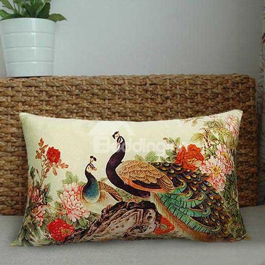 New Arrival Beautiful Peacocks And Colorful Flowers Print Throw Pillowcase