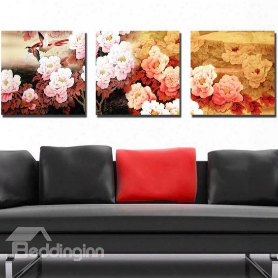 New Arrival Beautiful Peony Flowers Print 3-piece Cross Film Wall Art Prints