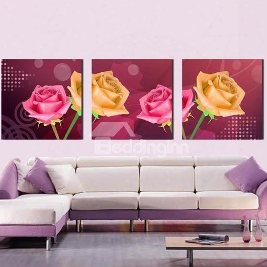 New Arrival Beautifjl Pink And Yellow Roses Print 3-piece Cross Film Wall Art Prints