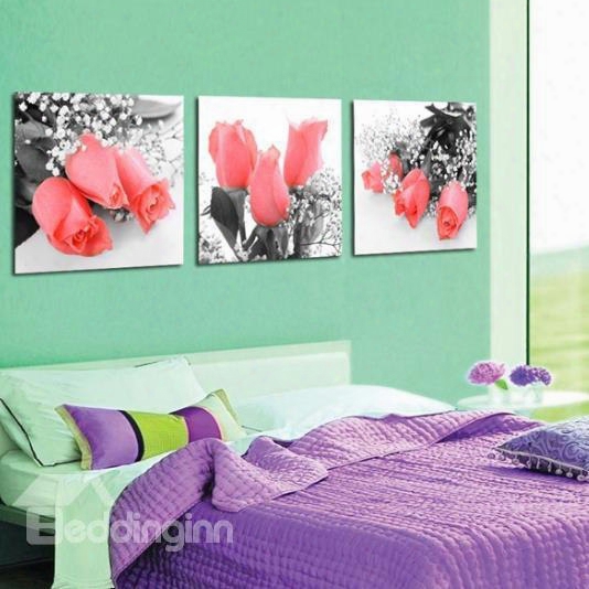 New Arrival Beautiful Pink Roses Print 3-piece Cross Film Wall Art Prints