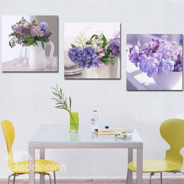 New Arrival Beautiful Purple Flowers In The Vase Print 3-piece Cross Film Wall Art Prints