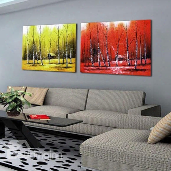 New Arrival Beautiful Red And Yellow Forests Print 2-piece Cross Film Wall Art Prints