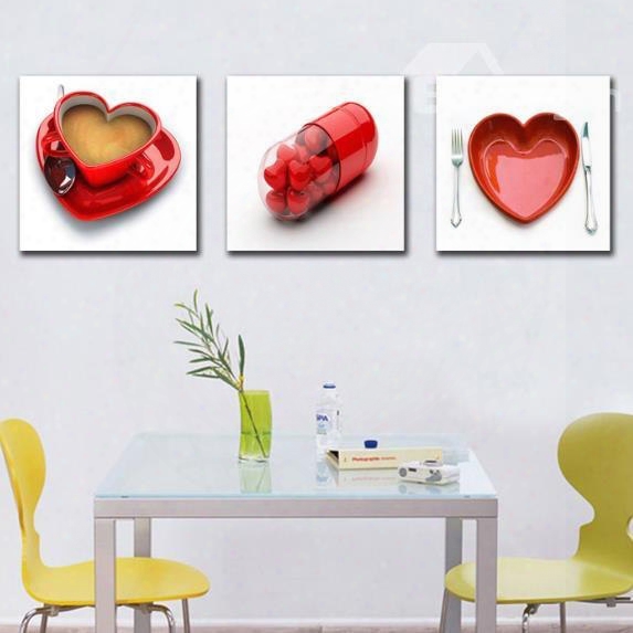 New Arrival Beautiful Red Heart Shape Pills And Cups Print 3-piece Cross Film Wall Art Prints