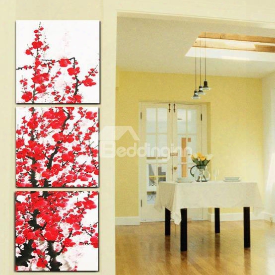 New Arrival Beautiful Red Plum Blossoms Print 3-piece Cross Film Wall Art Prints