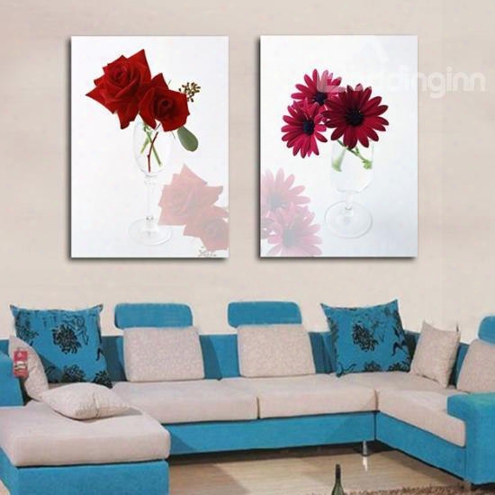 New Arrival Beautiful Red Roses And Daisies In Glass Print 2-piece Cross Film Wall Art Prints