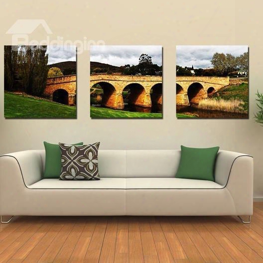 New Arrival Beautiful Stone Arch Bridge Scenery Print 3-piece Cross Film Wall Art Prints
