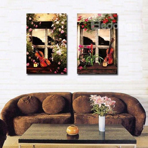 New Arrival Beautiful Violins  Against The Floral Windows Print 2-piece Cross Film Wall Art Prints