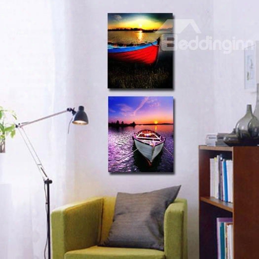 New Arrival Beautiful Vivid Canoes On The Lake Print 2-piece Cross Film Wall Art Prints