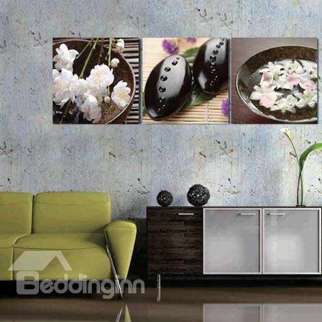 New Arrival Beautiful White Flowers And Black Stones Print 3-piece Fretful Film Wall Art Prints