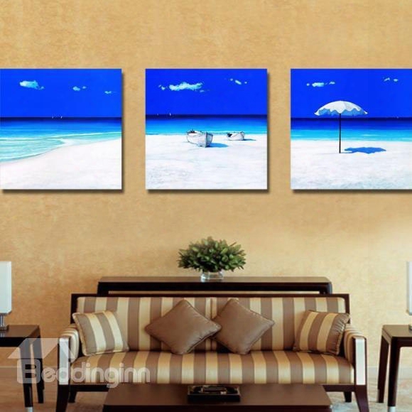 New Arrival Beautiful White Sand Beach And Blue Sea Print 3-piece Cross Film Wall Art Prints