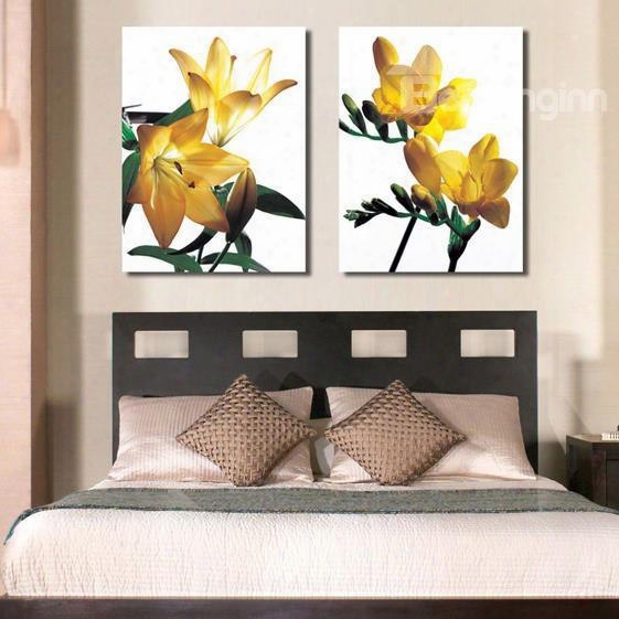 New Arrival Beautiful Yellow Flowers Green Leaves Print 2-piece Cross Film Wall Art Prints