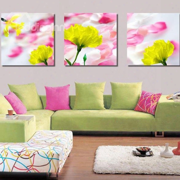 New Arrival Beautiful Yellow Flowers Pink Petals Print 3-piece Cross Film Wall Art Prints