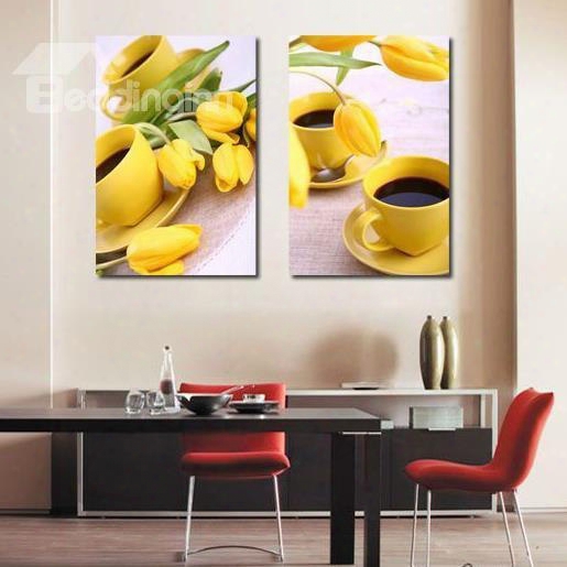 New Arrival Beautiful Yellow Tulips And Cups Print 2-piece Cross Film Wall Art Prints