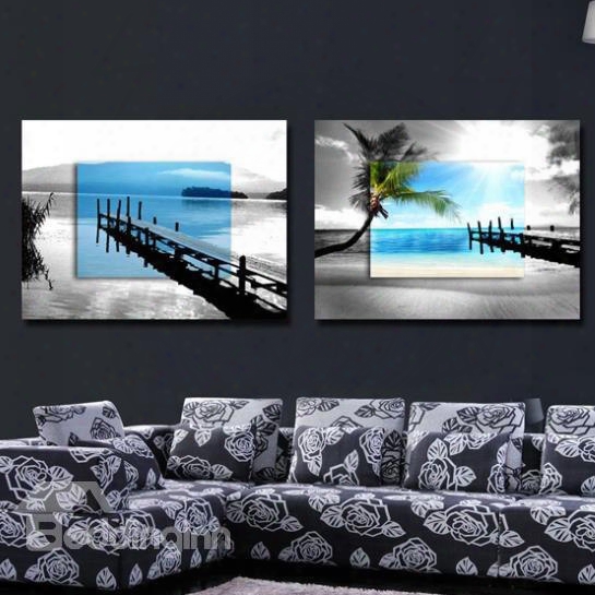 New Arrival Elegant Blue Ans Grey Beach Scenery Print 2-piec Ecross Film Wall Art Prints