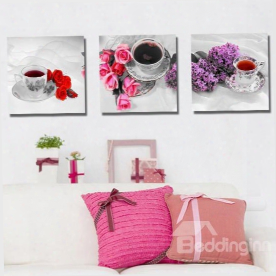 New Arrival Elegant Tea Cup Sets And Flowers Print 3-piece Cross Film Wall Art Prints